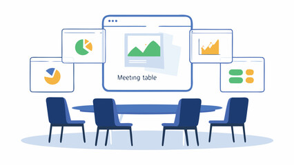 Illustration of a meeting room with a table chairs and various data visualization windows shown