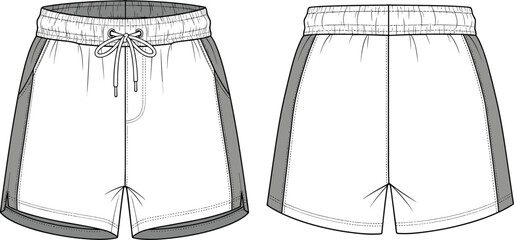 Front back view running shorts, drawstring waist, side panel, curved hem, activewear bottom, technical fashion, cad drawing flat vector illustration