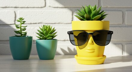 Playful Summer Decor Sunglasses on Yellow Pot with Succulent on Bright Background