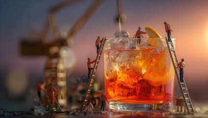Miniature workers constructing a cocktail
