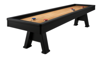 Shuffleboard table with smooth wooden surface and waxed pucks for game rooms