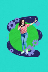 Creative artwork collage of young girl dance energetic with cogwheels on green color background