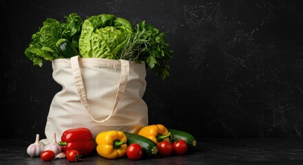 Reusable Grocery Bag with Fresh Vegetables and Herbs on Dark Background – Zero Waste Organic Food Concept