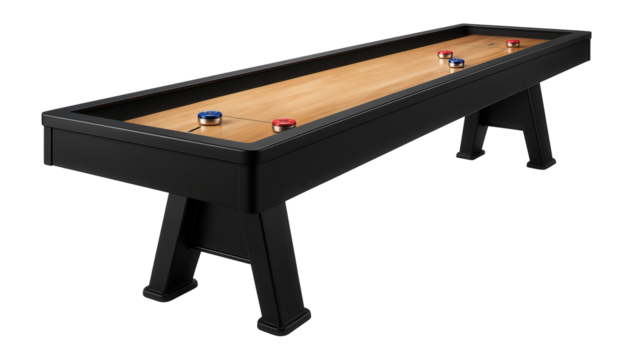 Shuffleboard table with smooth wooden surface and waxed pucks for game rooms