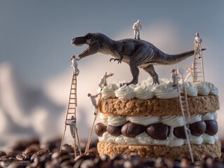 Miniature figures working on a dinosaur cake atop coffee beans