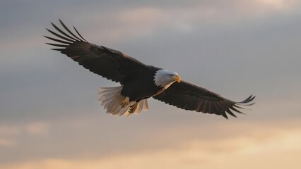 Obraz premium Bald Eagle Soaring Through the Sky at Sunset