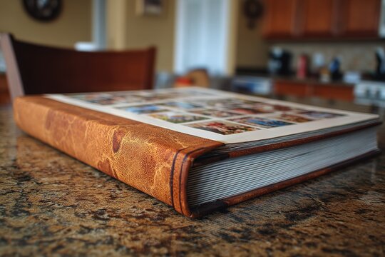 Family memories captured in a leather-bound album displayed on a kitchen countertop