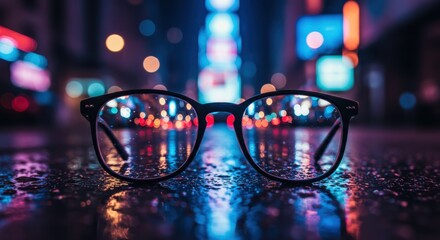 Night City Reflections Through Glasses on Wet Neon Street – Cinematic Urban Bokeh Scene