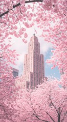 Skyscraper Framed by Cherry Blossoms in Spring – Romantic Urban Architecture Scene with Sakura Bloom