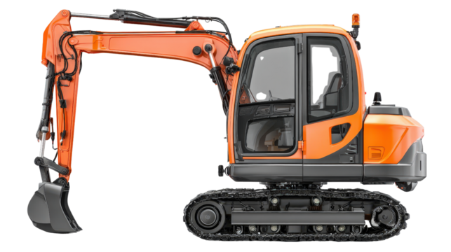 Compact electric excavator with zero emissions design background isolated on a Transparent background, PNG file.