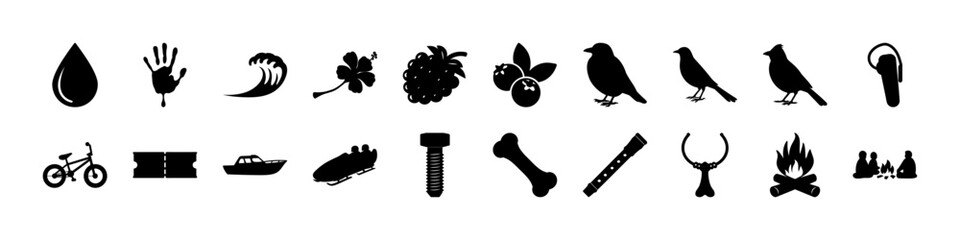 Outdoor, Nature, and Adventure Themed Silhouette Icon Set - This diverse silhouette icon set showcases a collection of outdoor, adventure, and natural elements in bold black vector style. 