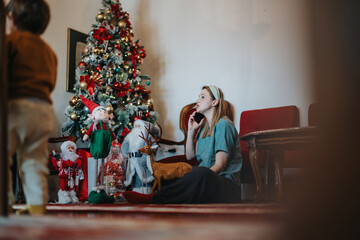 Woman seated by a holiday tree surrounded by festive decorations and contacting someone via phone....