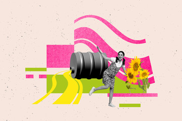 Contemporary poster trend art collage of happy girl dance environmental oil pollution barrel...