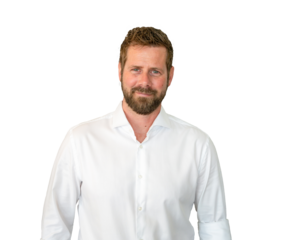 Young smiling bearded man wearing a white shirt looking to camera on transparent background. PNG background.