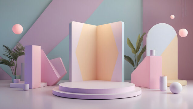 3d illustration of a pastel geometric still life features plants and shapes arranged around a central podium