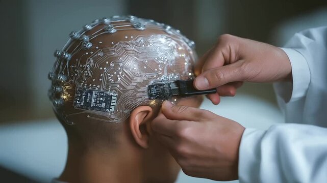 _Technician Adjusting Neural Implant Interface on Patient's Head