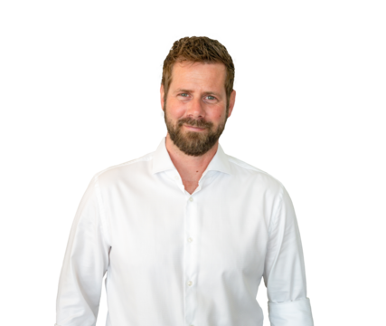 Young smiling bearded man wearing a white shirt looking to camera on transparent background. PNG background.
