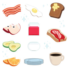Delicious Breakfast Food Collection Illustrations Toast Coffee Milk Bacon Apple Orange Avocado And Fruit Juice