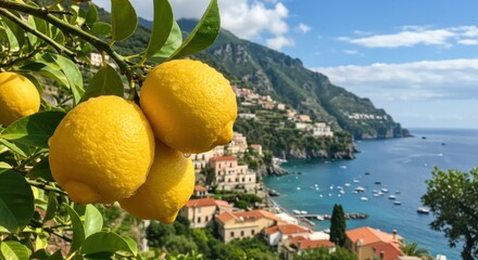 Sunlit Lemons Hanging Over Sparkling Mediterranean Coastline – Fresh Summer Fruit Landscape