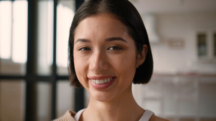 Happy Caucasian latina woman hispanic lady girl joyful cheerful positive emotion expression female...