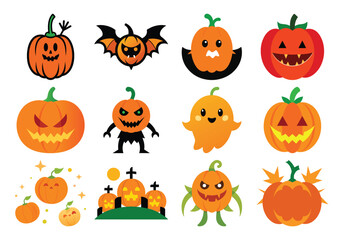 A Vector Collection of Twelve Halloween Themed Cartoon Character Designs on a White Background