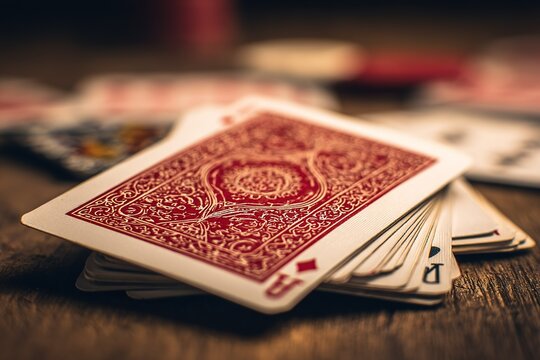 Playing cards arranged on a wooden table during a casual game night with friends in the evening