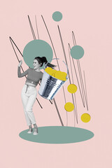 Art image vertical photo collage of happy businesswoman receive salary coin income bucket earnings...