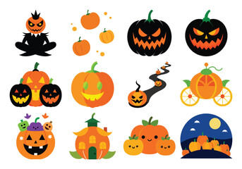 Collection of Halloween Pumpkin Illustrations with Various Designs and Expressions on a White Background