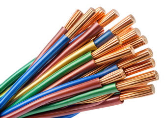 A closeup view of a bundle of colorful electrical wires with exposed copper strands and plastic insulation on a transparent background