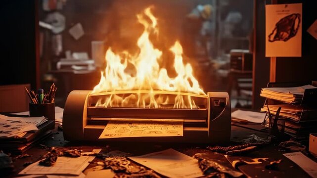 Burning Office Documents on a Laminator - A laminator is engulfed in flames on a cluttered office desk, with burning papers scattered around it.