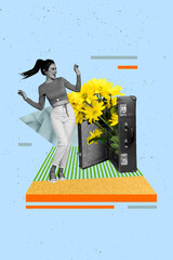 Pop collage of people have fun on blue color background with suitcase flowers plants