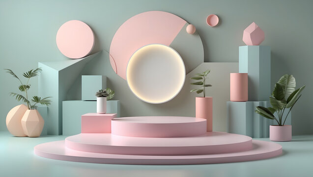 3d illustration of a pastel geometric podium with soft lighting showcases product placement against a modern abstract background