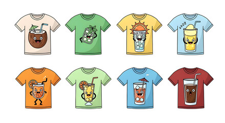 Collection of eight colorful children s t shirts with cartoon animal designs isolated on transparent background