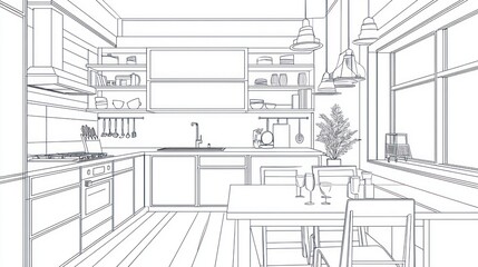 Fototapeta premium Line drawing of a modern kitchen design.