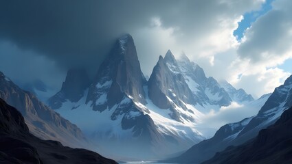 Majestic Snow-Covered Mountain Peaks and Glacier Valley with Misty Clouds in Dramatic Light &ndash; Serene Nature Landscape for Travel, Adventure, Winter, and Wilderness Concepts &ndash; Adobe Stock Image