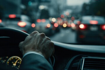 Naklejka premium Traffic congestion during evening commute in a busy urban area with blurred vehicle lights