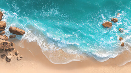 Obraz premium Turquoise ocean waves crashing on sandy beach with rocks, aerial view