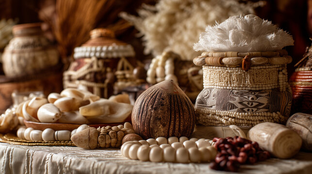 Sacred Ritual Objects and Offerings at the Osun-Osogbo Festival &ndash; A Display of Yoruba Spiritual Traditions and Cultural Artifacts Honoring the Goddess Osun