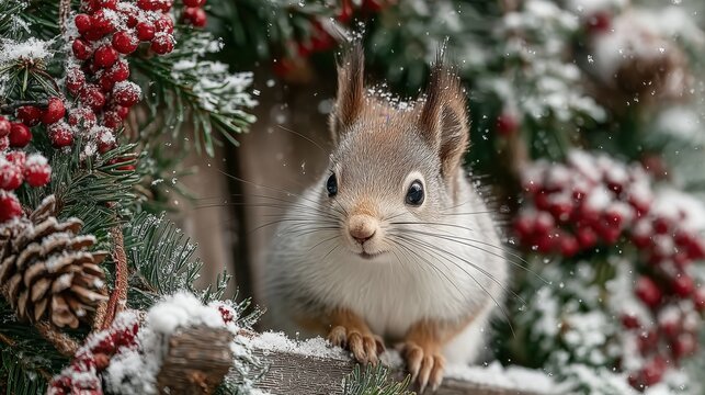 Cute red squirrel in winter snow with berries and a pinecone for a christmas holiday card.