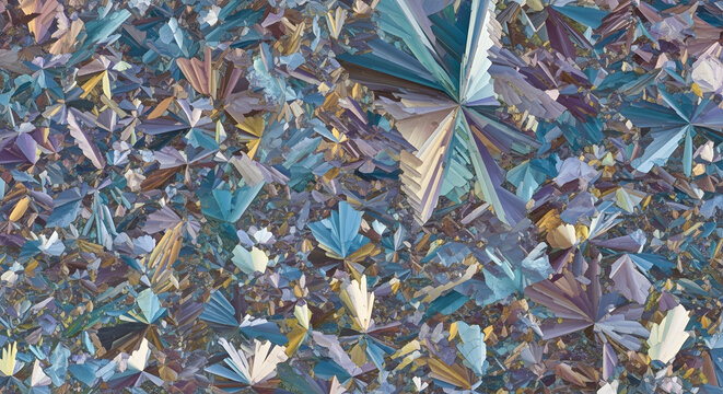 Close up image of abstract crystalline structures in shades of blue purple and tan colors scattered around