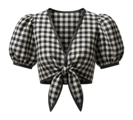 Cropped tie-front blouse in gingham check with short puff sleeves