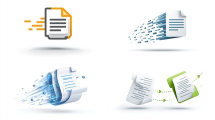 Four abstract icons depicting document transformation and digitalization.  Each icon shows a stylized document, either 2D or 3D, with elements of 