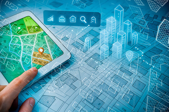 Augmented reality city planning interface with tablet and digital zoning map on blueprint. Modern urban design and smart city technology concept for real estate and infrastructure.