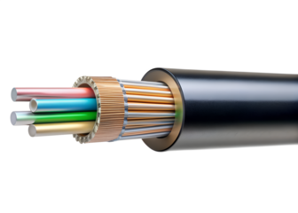An exposed fiber optic cable showcases its internal structure including multiple colored strands and protective shielding against a