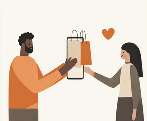 Ecommerce phone with two people exchanging red shopping bags, concept shopping