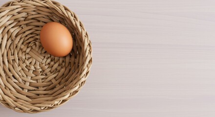 Woven Straw Basket and Brown Egg on Light Wooden Background – Minimal Rustic Organic Food Concept