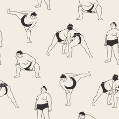 Sumo Wrestlers set. Various positions. Japanese traditional martial art, combat sport activity concept. Hand drawn trendy Vector illustration. Square seamless Pattern, background, wallpaper 