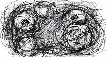 Abstract charcoal drawing featuring swirling lines and circular shapes on a white background surface