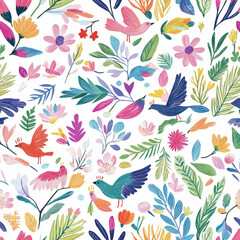 Ornate hand drawn bird illustration with colorful foliage, ideal for backgrounds