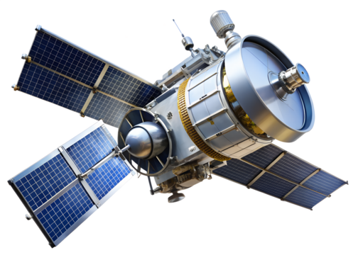 A detailed view of a modern satellite with solar panels extended isolated on a transparent background